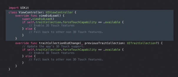 Apple anbefaler utviklere å sjekke om iPhone-modellen appen kjører på støtter 3D Touch. Nå som en av de nye mobilene ikke har funksjonen, blir dette desto viktigere. Skjermdump: Apple