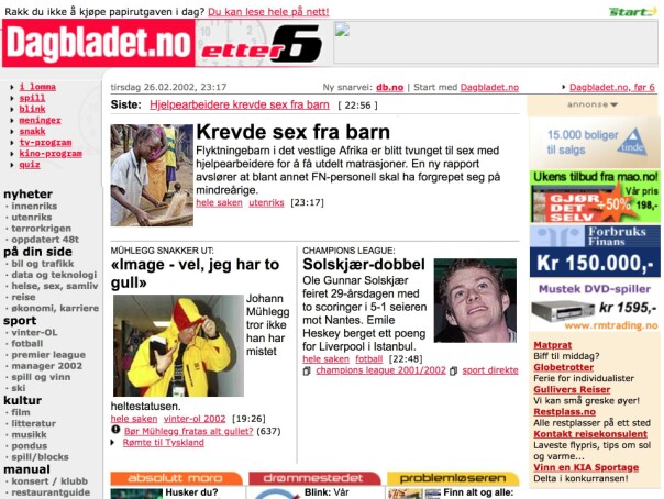 Bilde av Dagbladet 26. februar 2002. Da høyre og venstremenyer fortsatt var aktive. Fotomontasje: The Internet Archive / Jørgen Jacobsen.