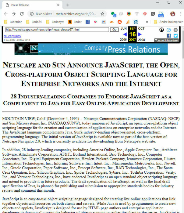 Netscape annonserer Javascript i 1995. 📸: Wayback Machine