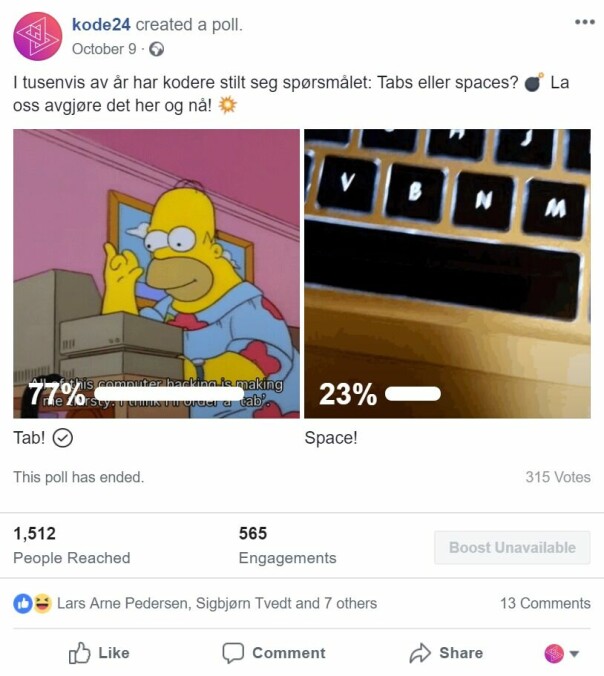 315 utviklere svarte på vår uhøytidelige spørreundersøkelse om tabs vs spaces på facebook. 📸: Jørgen Jacobsen