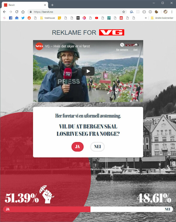 Maximilian Øystå Lloyd har blant annet laget denne Berxit-sida for VG, hvor man kunne stemme ja eller nei til frigjøringen av Bergen.