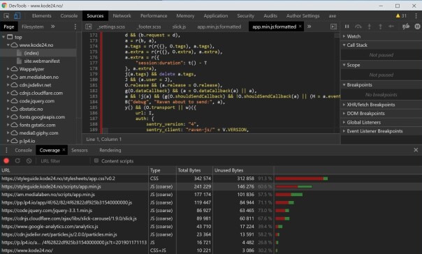 Coverage bruker du for å sjekke hvilke JavaScript og CSS-filer som faktisk er i bruk på siden din. 📸: Jørgen Jacobsen