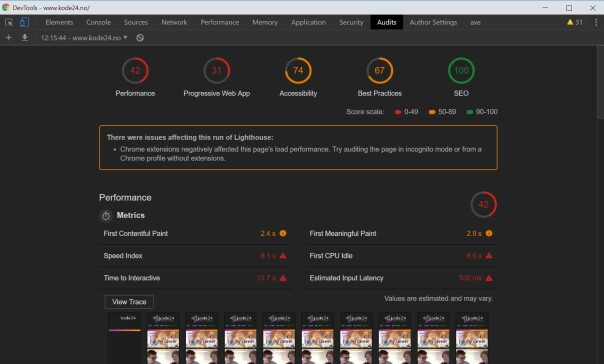 Ta en revisjon av siden din, med det innebygde revisjonsverktøyet i Chrome DevTools. Her fra revisjonen av forsiden til kode24.no. 📸: Jørgen Jacobsen