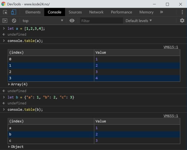 console.table-funksjonen støtter logging av både arrays og objekter. 📸: Jørgen Jacobsen