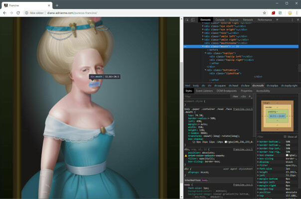 'Pure CSS Francine' er et av de beste eksemplene på hva CSS-kunst kan være. Alt du ser er HTML-elementer, stilet med blant annet heftig bruk av skygger.