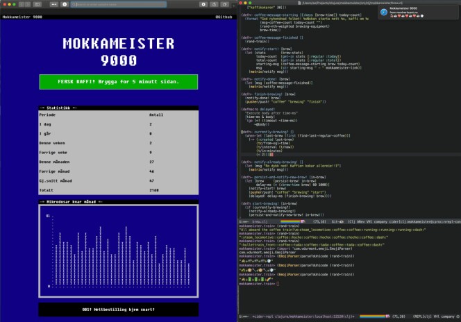 Slik ser det ut når Stian Eikeland koder Mokkameister 9000 i Clojure. 📸: Privat