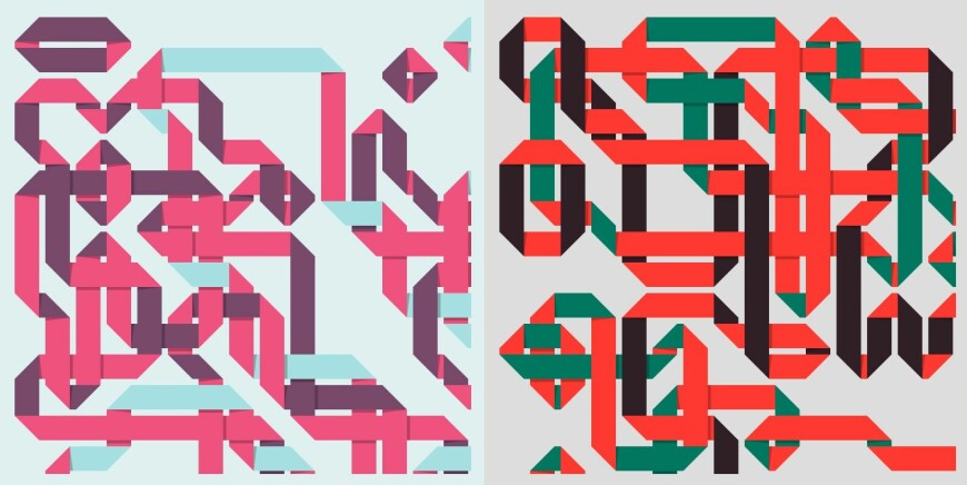 'Ribbon Lattice', i ulike utgaver etter å ha lasta koden flere ganger. Alle kunstverkene har en grad av tilfeldighet i seg, så to stykker aldri blir like. 📸: Kjetil M. Golid