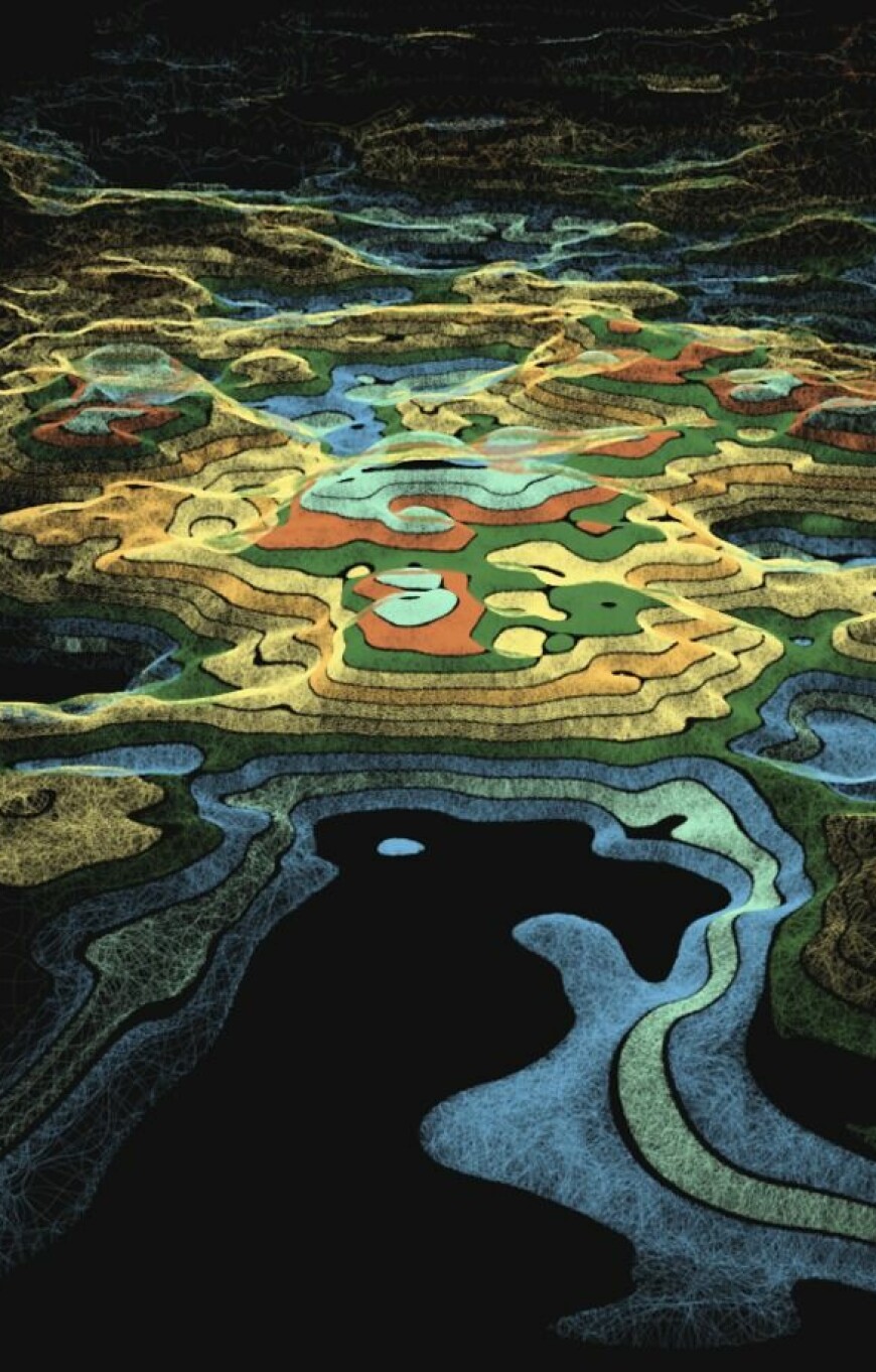'Chalk Map Trace', etter å ha kjørt en god stund. Koden bak teller 84 linjer, med p5.js-biblioteket. 📸: Kjetil M. Golid