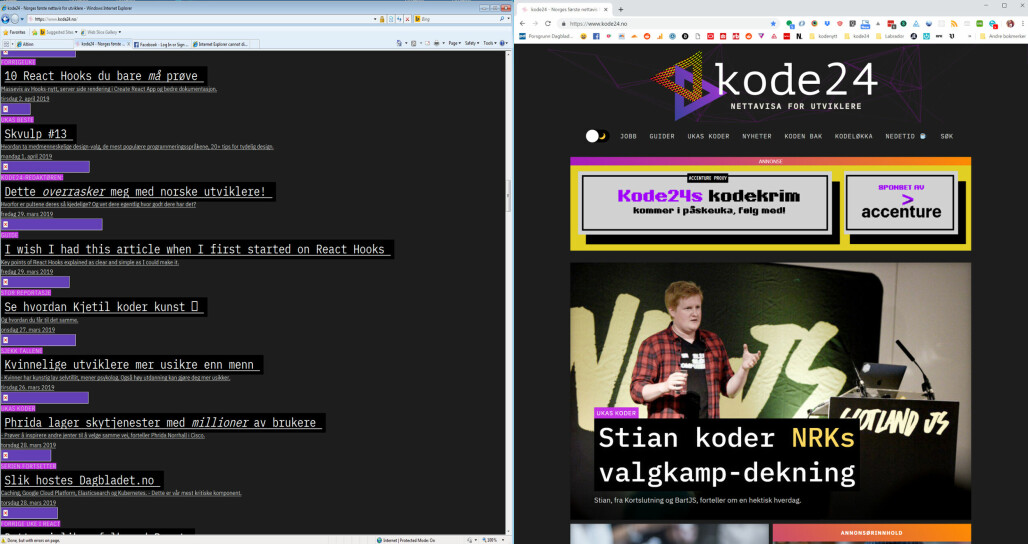 kode24.no i Internet Explorer 8 til venstre. Vi stiler mot HTML5-tagger, slik som <article>, noe CSS-parseren til Internet Explorer 8 ignorerer. 📸: Jørgen Jacobsen