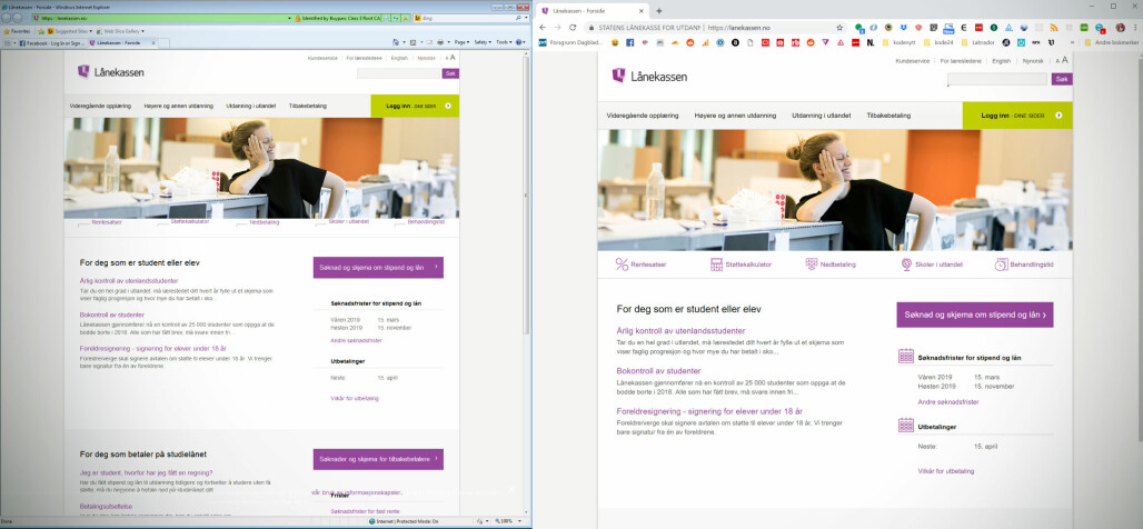 laanekassen.no ser nesten helt lik ut i Internet Explorer 8 og nyeste versjon av Chrome. 📸: Jørgen Jacobsen