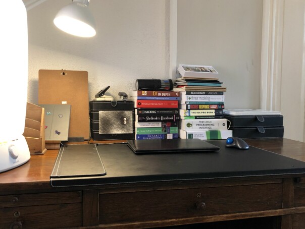 Pulten til Patricia Aas preges av mer bøker enn datamaskiner. 📸: Privat