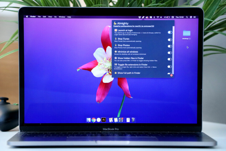 Almighty er en app som gir MacOS-brukere mer granulert kontroll over innstillinger. Den legger seg i toppmenyen, identifisert av et håndikon. Utvikler Khoa Pham i Shortcut står bak løsningen. 📸: Jørgen Jacobsen