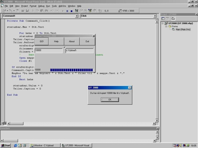 Denne skjermdumpen tok jeg i år 2000. Her kjører Visual Basic det som senere skulle bli Upload Terrorizer; ett av mange heller snodige prosjekter. 📸: Ole Petter Baugerød Stokke