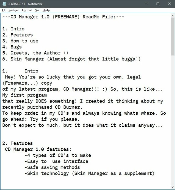 README.TXT til CD Manager, skrevet i 1999. Her er det så mye kleine greier at jeg nesten ikke tør lese hele. 📸: Ole Petter Baugerød Stokke