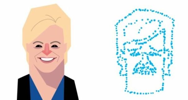 Renate Rognan sin karikatur av Siv Jensen og en prikketegning med samme motiv. 📸: NRK