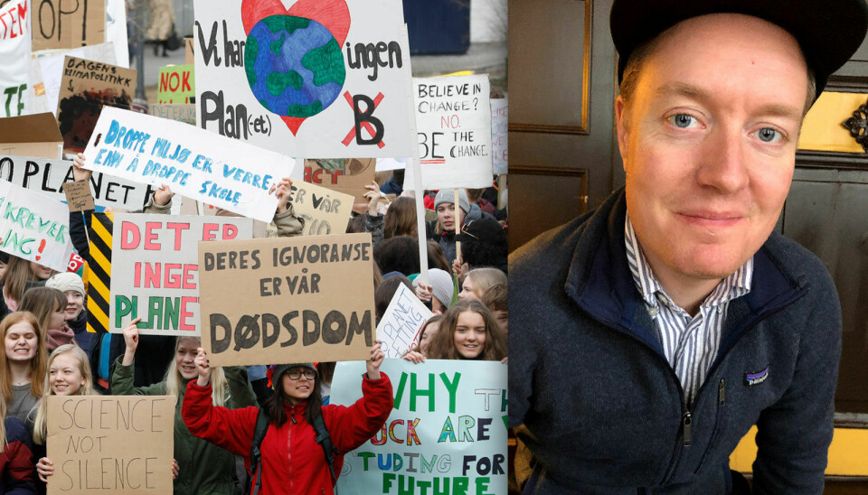 'Hva om den mest lønnsomme forretningsmodellen er den som fucker opp verden?' skriver Øyvind Storli Hoel i Netlife. Til venstre norske skoleelever i demonstrasjon for klima foran Stortinget i fjor. 📸: Tom Hansen / NTB Scanpix / Privat