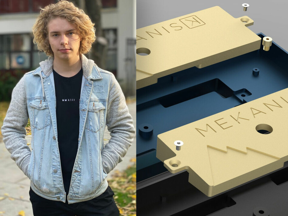 William Jarbeaux studerer dataingeniør på NTNU, og driver tastaturprodusenten Mekanisk ved siden av studiene. Til høyre ser du noen av delene han får produsert på fabrikken i Kina. 📸: Privat / Mekanisk