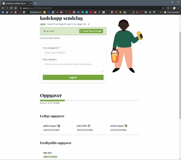 Slik ser Sjau ut i bruk. Det minner om Trello og liknende Kanban-brett, med oppgaver som skal gjennomføres for å fullføre sjauen. 📸: Ole Petter Baugerød Stokke