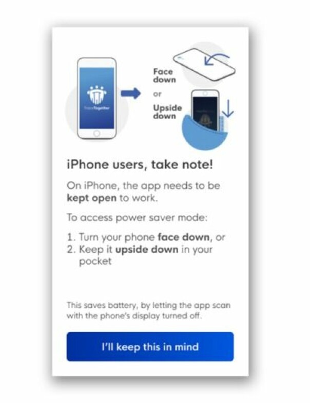 'I Singapore får iPhone-brukere beskjed om at de må holde appen åpen for at den skal fungere.'
