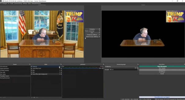 Her viser Trond Klakken fram hvordan han jobber med lagene i OBS Studio for å sette sammen en scene. Legg merke til jobben han har gjort for å få sin egen refleksjon i skrivebordet til Donald Trump. 📸: Ole Petter Baugerød Stokke
