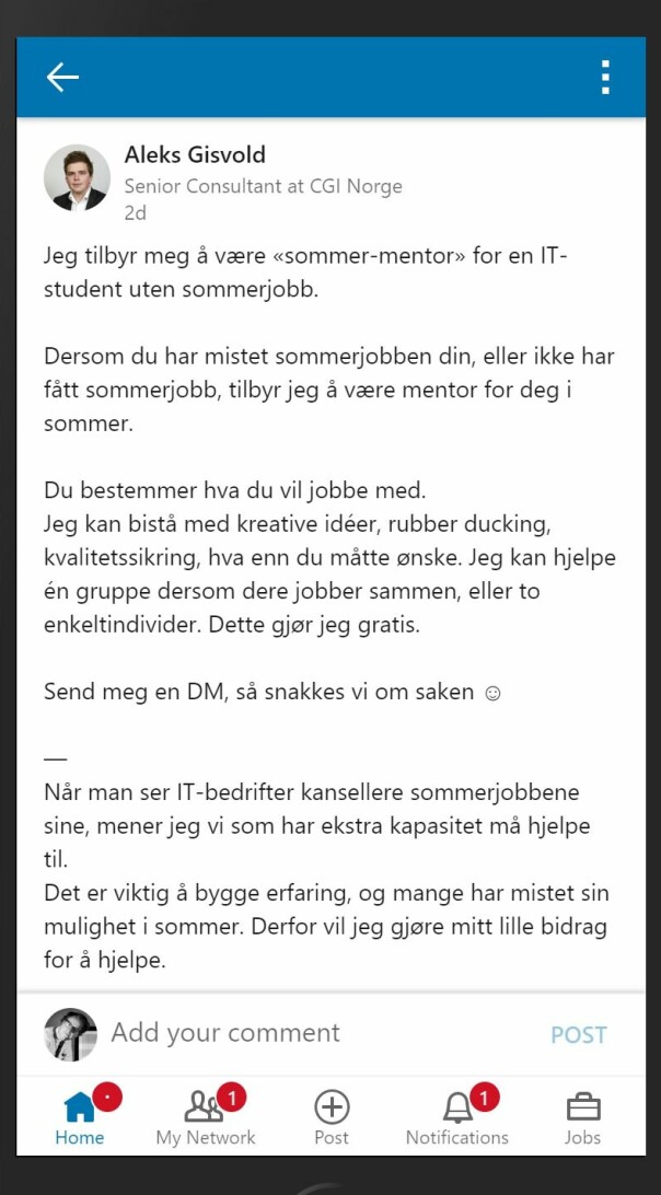 Aleks Gisvolds post på Linkedin inspirerer flere utviklere til å gjøre som han; bli sommermentorer.