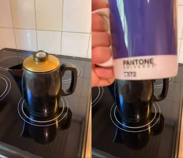 'Koker kaffe med oldemors gamle perkulatorkanne fra Ilovan og kaffebønner fra Godt Brød. Selvfølgelig med lilla Pantone-kaffekopp. 💜' 📸: Andreas Beining