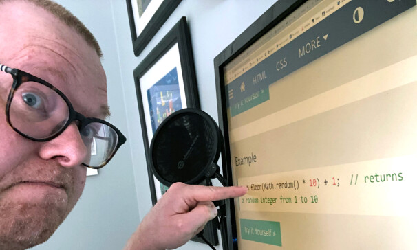 'Skal bare google random tall i JavaScript for tusende gang jeg'. K THNX BAI. 📸: Privat
