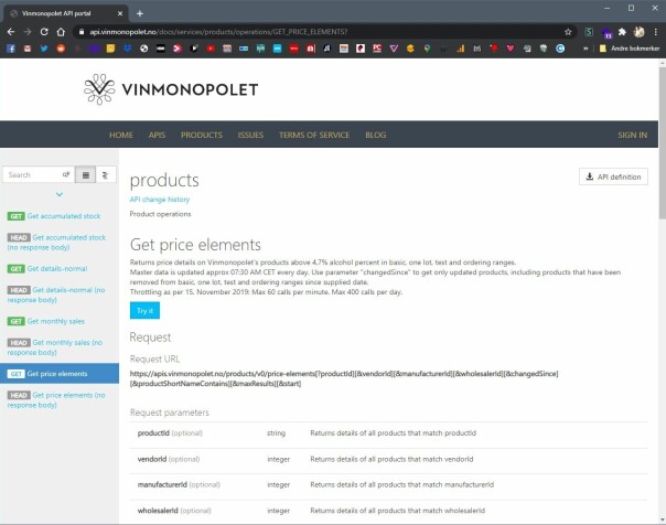 På api.vinmonopolet.no får du dokumentasjonen på API-et Spritjakt.no bruker.