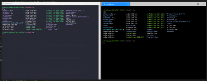 Min Git-Bash med temaet Dracula på venstre side. Samme Git-Bash til høyre i Windows Terminal, men nullstilt og uten 'Tango Dark', som er temaet jeg har valgt i Windows Terminal. 📸: Jørgen Jacobsen