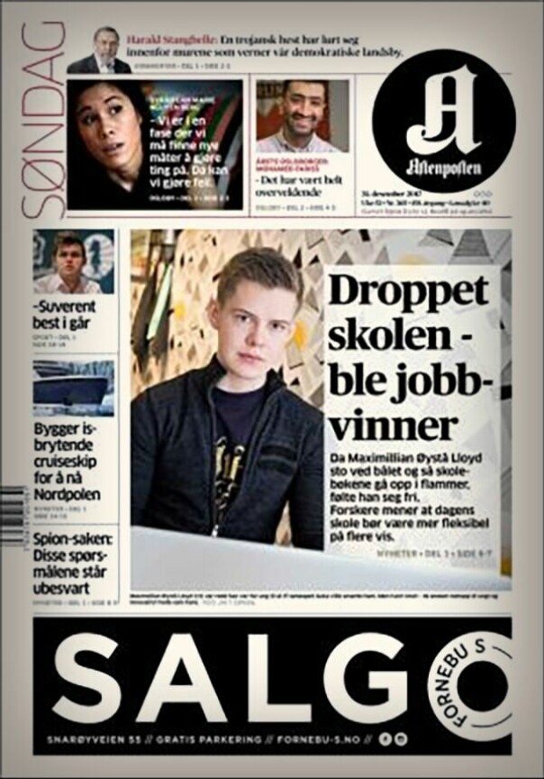 Maximilian Øystå Lloyd på forsida av Aftenposten i 2017.