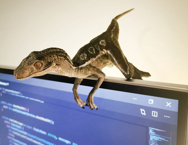 Tone Wermundsen har ikke en gummiand på pulten, som mange andre, men en dinosaurus. Som vel er forfedrene til fuglene, så sånn sett kanskje ikke så rart. 📸: Privat