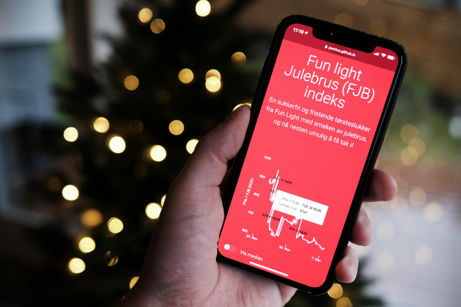 Fun Light Julebrus-prisindeksen til Pontus Edvard Aurdal er i utgangspunktet et uskyldig hobbyprosjekt, men det har skapt hodebry for Finn.no, som har måttet gå noen runder med seg selv om hvordan de skal håndtere API-ene sine. 📸: Ole Petter Baugerød Stokke