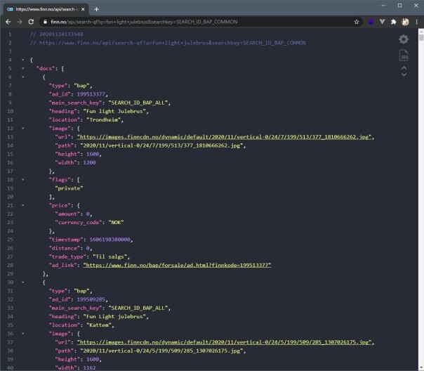 Finn-API-et Aurdal bruker ligger helt åpent og returnerer JSON til hvem som helst, som du ser her. Men Finn vil ikke at du skal bruke det. 📸: Ole Petter Baugerød Stokke