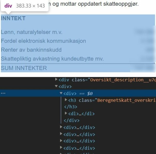 Den tilsynelatende tabellen Inntekt er kodet med div og dl-tagger, men burde heller være en tabell i følge Tilsynet.