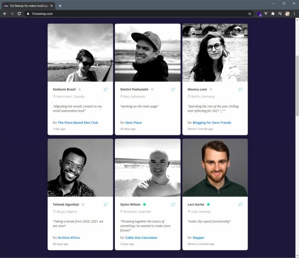 Lars Karbø har starta prosjektet sitt sammen med flere andre utviklere over hele verden, som han har blitt kjent med gjennom indie hacking-miljøet. Framdrifta deres kan man blant annet følge gjennom 12xstartup.com.