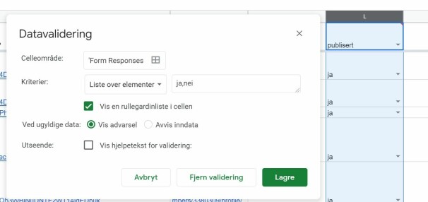 Velg raden, høyreklikk og trykk på datavalidering for å gjøre om en rad til drop-down.