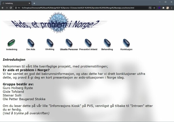Skoleprosjekter løst som nettsider var perfekt for min del. Jeg slapp å prate foran klassen, og kunne sitte foran PC-en. Denne nettsiden hadde vi tydeligvis også fått ut på en 'informasjonskiosk' på skolen vår, ifølge introduksjonen. Hva det var husker jeg ikke.