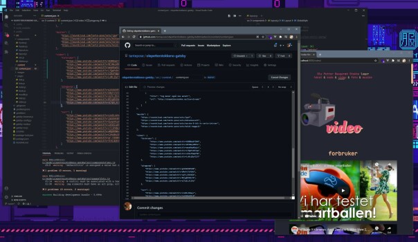 Om jeg endrer JSON-fila på GitHub.com eller i VSCode spiller såklart ingen trille. Gatsby-sida mi blir bygd på nytt den, av Netlify, med nytt innhold, uansett.
