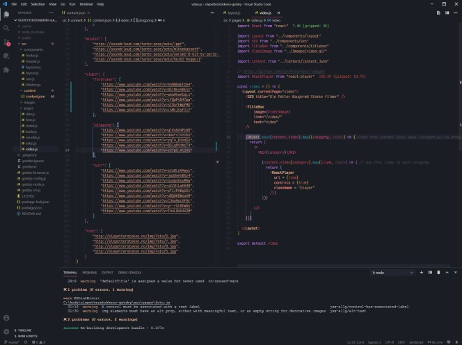 JSON-fil med innhold til venstre, en haug av .map() i Gatsby til venstre. Veien til suksess.