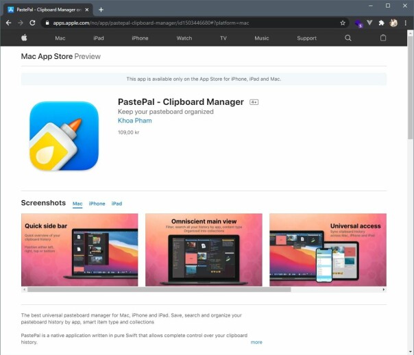 Med en app som PastePal, kan du kjøpe appen én gang, og late den ned til både iPhone, Mac og iPad.