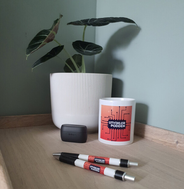 Utviklerpodden veit å prioritere det viktigste først, og har allerede sikra seg merch. 📸: Privat