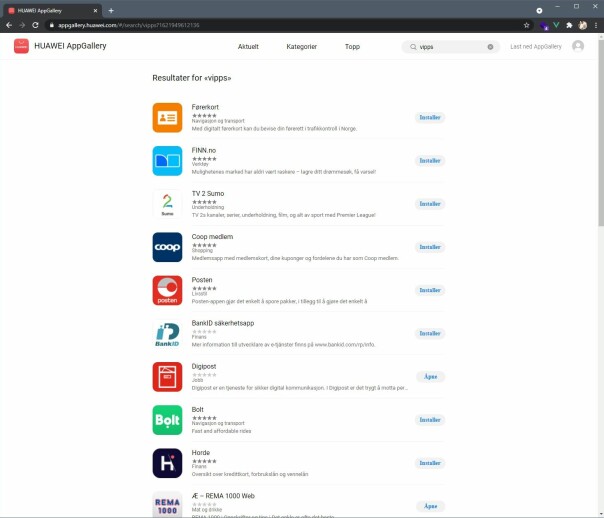 Søker du på Vipps i Huawei AppGallery, får du opp helt andre, norske apper. En av Norges viktigste apper er nemlig fortsatt ikke porta over.