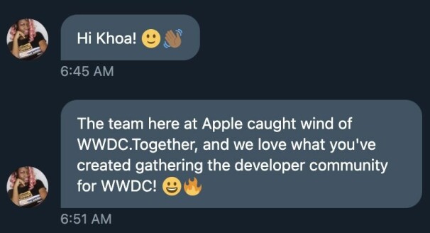 Skjermbilde fra Khoas innboks hvor ansvarlig for Worldwide Developer Relations hos Apple Timira James skryter av tjenesten. 📸: Privat