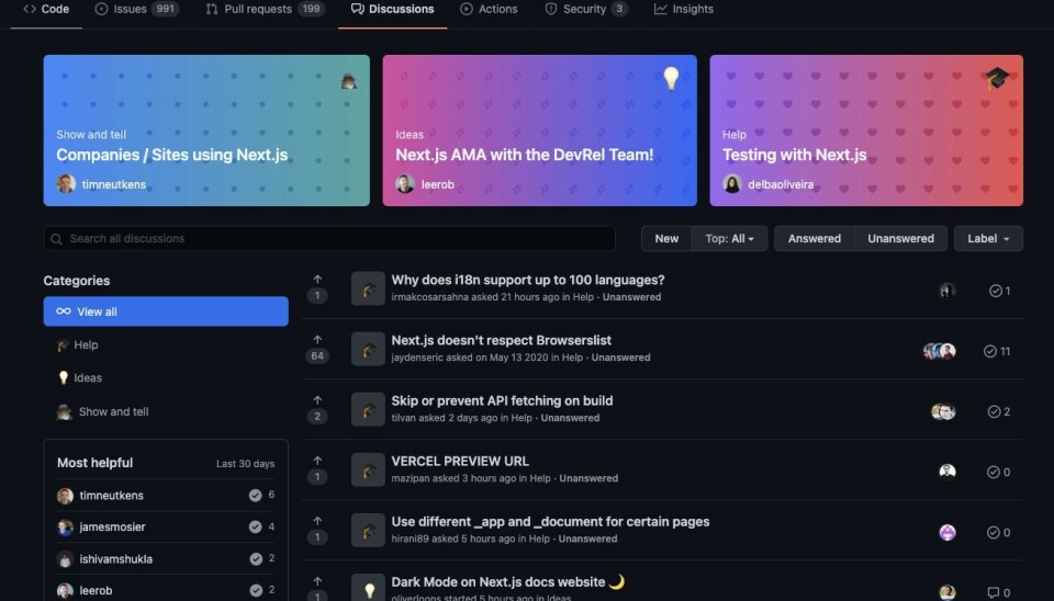 Github diskusjoner har allerede vært tilgjengelig i beta i ett års tid. Her fra Next.js sitt diskusjonsforum. 📸: Github / skjermbilde
