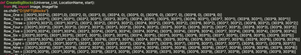 Lite utsnitt fra python-koden som viser 10x10 matrisen med koordinatene.