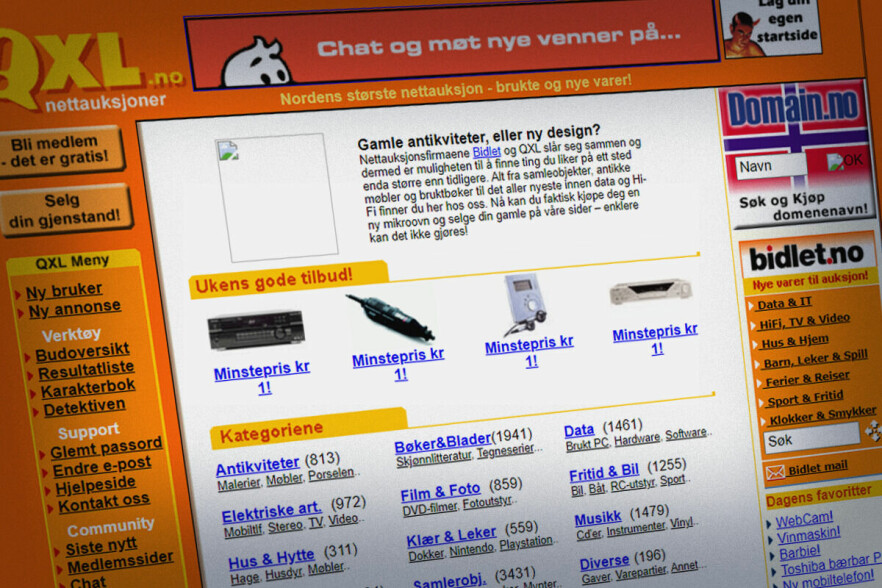 Slik så QXL.no ut 15. august år 2000, ifølge Way Back Machine. Legg merke til at de nettopp har kjøpt opp konkurrenten Bidlet. 📸: Ole Petter Baugerød Stokke