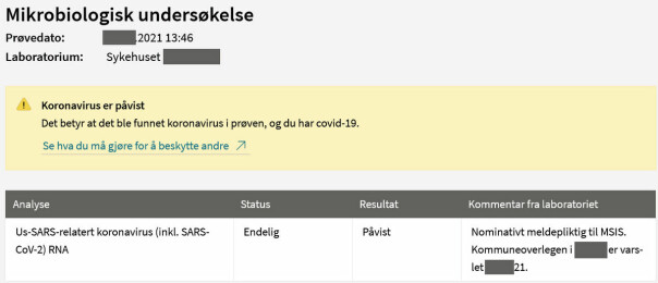 Helsenorge.no - Koronavirus er påvist, men ingen oppfordring til å varsle med Smittestopp.