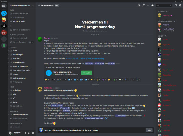 Discord-serveren Norsk Programmering består i skrivende stund av 1.652 mennesker, pluss noen bots.