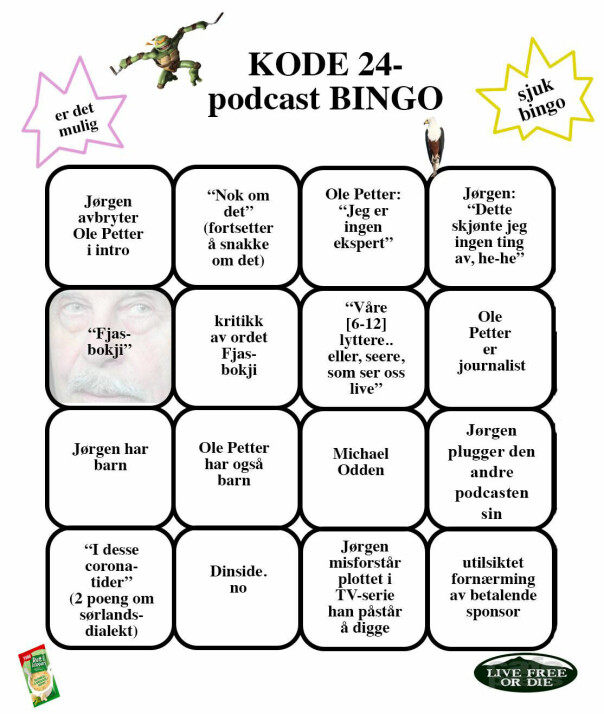 David Skaufjords kode24-timen-bingo, bittelitt oppdatert for anledningen.